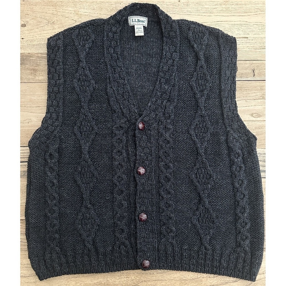 Vtg LL Bean Wool Cable Knit Cardigan Sweater Vest Mens L Gray Ireland Layering